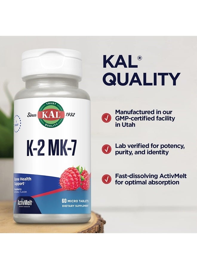 KAL Vitamin K2 MK7 ActivMelt 100 mcg, Vitamin K Supplement as Superior K2 MK7, Bone Health, Heart and Artery Health Support, Natural Raspberry Flavor, Vegan, Gluten Free, 60 Servings, 60 Micro Tablets - Image 4