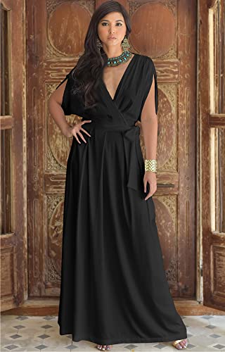 KOH KOH Plus Size Womens Long Formal Short Sleeve Cocktail Flowy V-Neck Casual Bridesmaid Wedding Party Guest Evening Cute Maternity Work Gown Gowns Maxi Dress Dresses, Black 3XL 22-24 - Image 4
