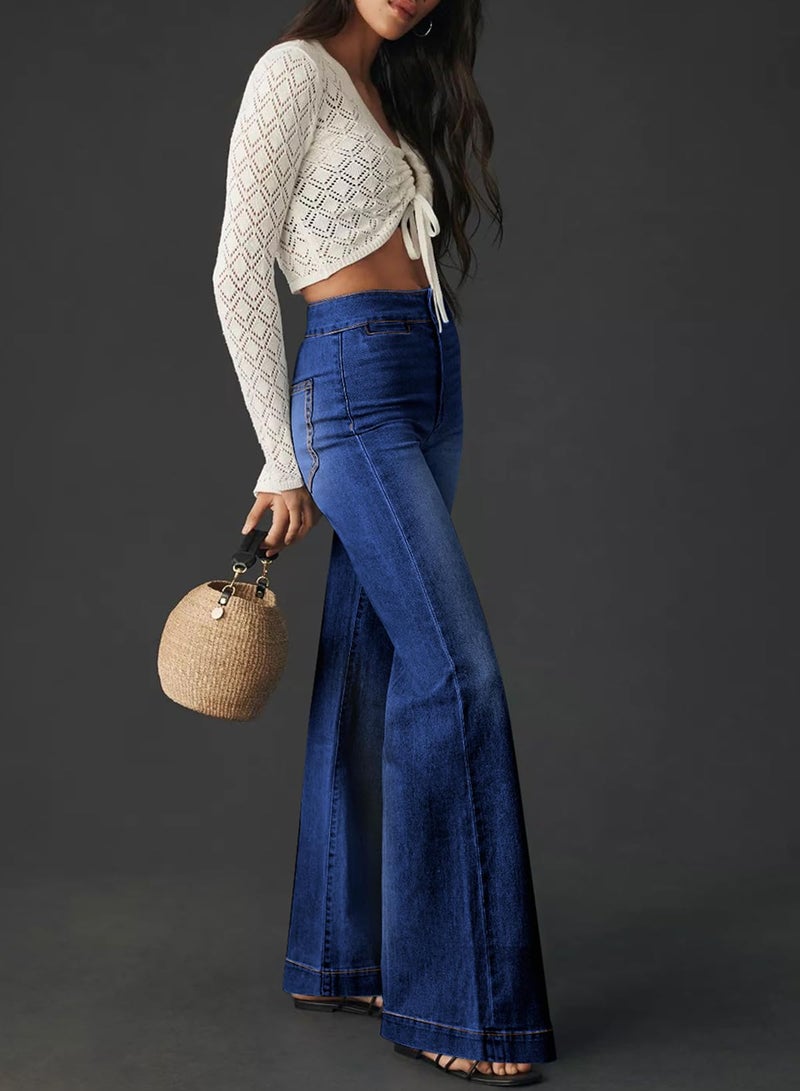 Sidefeel Women's High Waist Jeans Casual Loose Bootcut Jeans Bell Bottom Jeans with Pockets Dark Blue Size 8 - Image 2