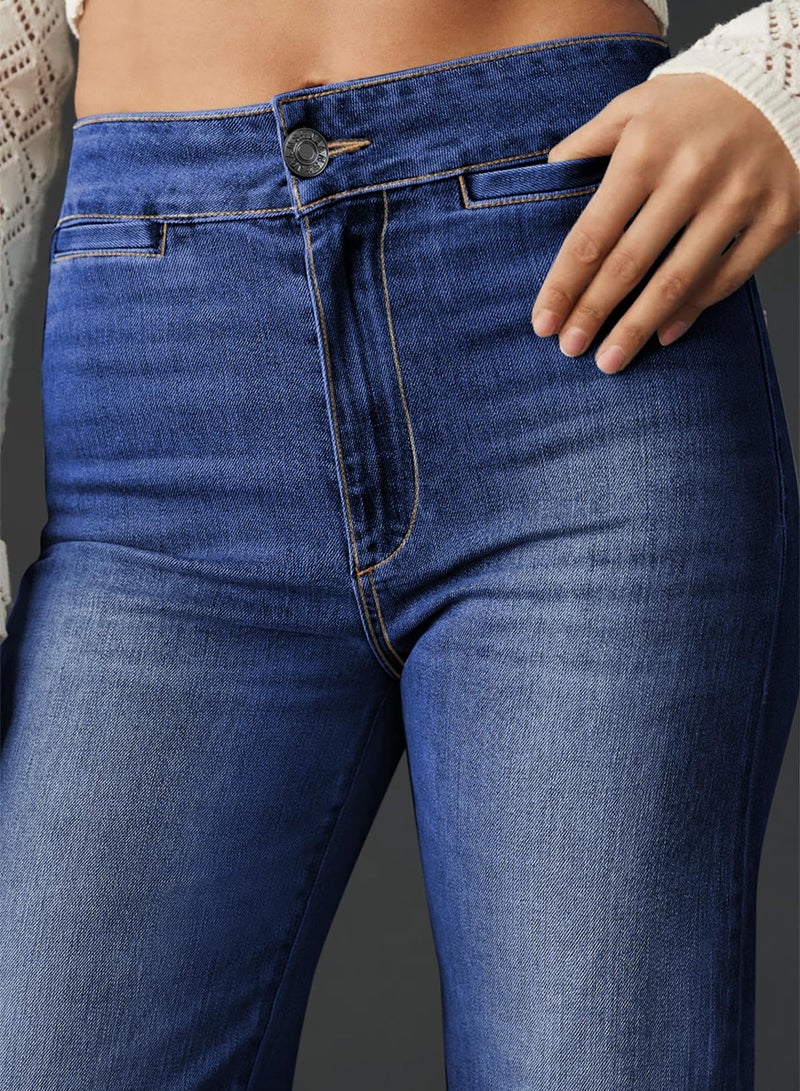 Sidefeel Women's High Waist Jeans Casual Loose Bootcut Jeans Bell Bottom Jeans with Pockets Dark Blue Size 8 - Image 3