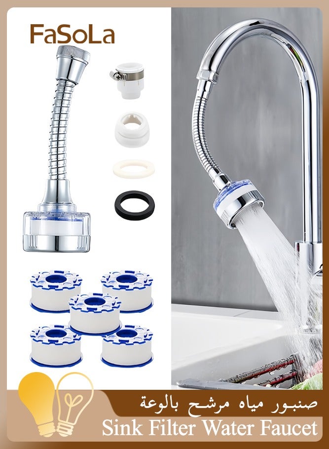 Fasola Faucet Water Filter Set, 360° Rotating Sink Water Filter Faucet, Bathroom Sink Filter with Extension Tube, Household Faucet Filter Tap Splash-Proof Faucet with 5Filter Elements for Home Kitchen - Image 1