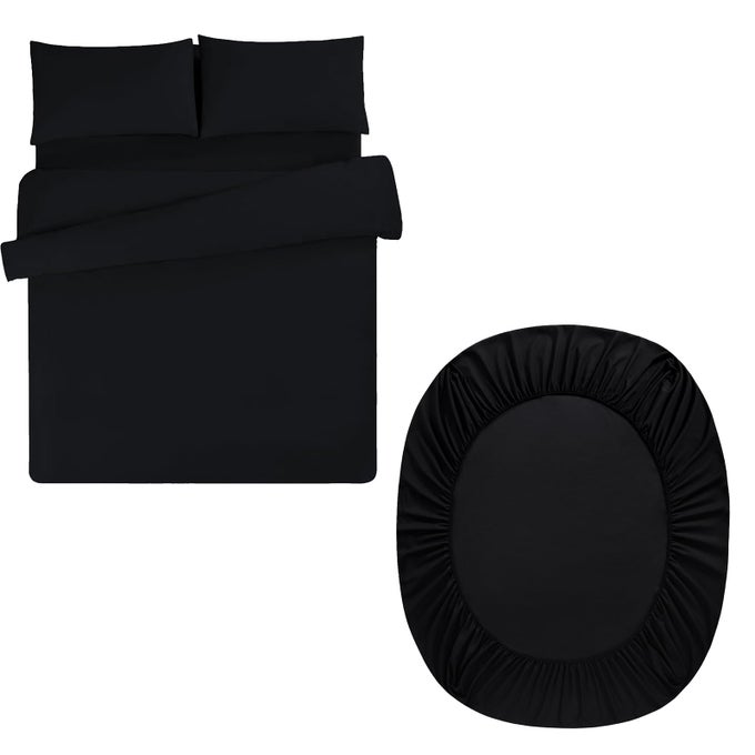 DOUBLE DUVET SET WITH SHEET BLACK 4 PIECES MICROFIBER BEDDING SET FOR DOUBLE BED INCLUDES DUVET COVER FITTED SHEET AND PILLOWCASES