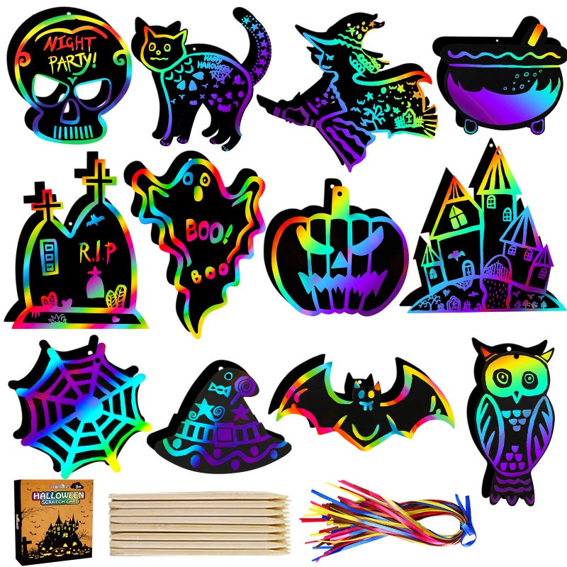 Max Fun Halloween Crafts for Kids Scratch Off Art Paper Cards 48Pack Magic Rainbow Ornaments Hanging Supplies Educational Toys Kit Halloween Party Games Favor - Image 2