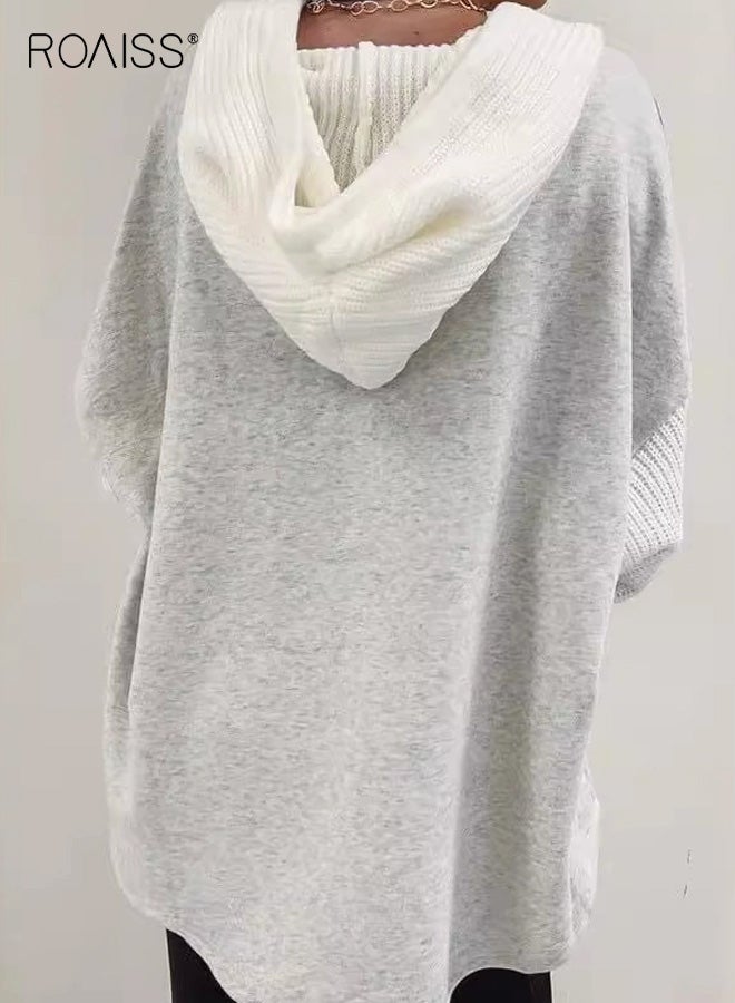 roaiss Women's Plus Size Button Front Pocket Hoodie Casual Knit Paneled Long Sleeve Hooded Sweatshirt for Women, Comfortable and Stylish Design with Functional Pocket - Image 2