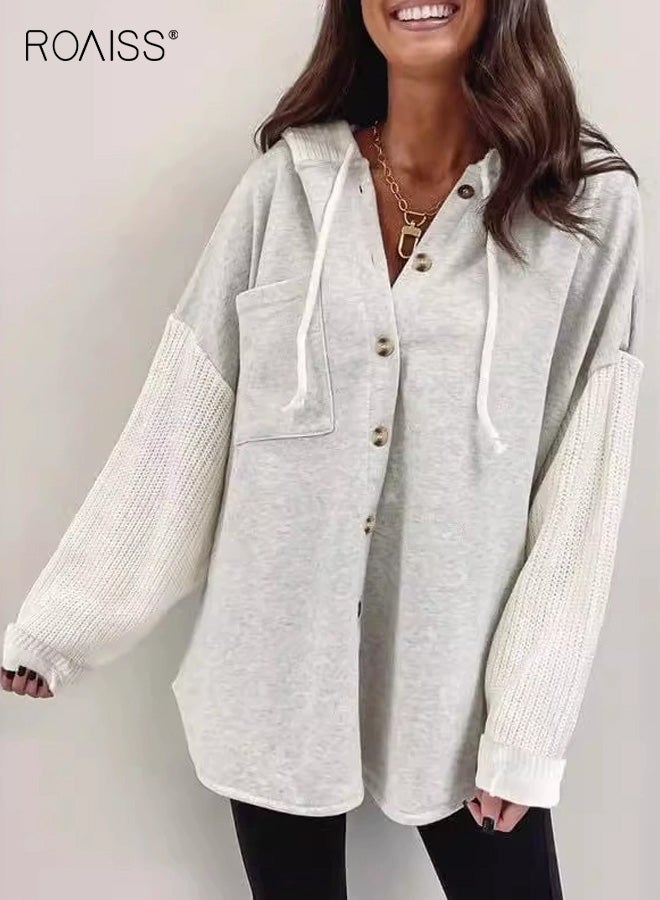 roaiss Women's Plus Size Button Front Pocket Hoodie Casual Knit Paneled Long Sleeve Hooded Sweatshirt for Women, Comfortable and Stylish Design with Functional Pocket - Image 1