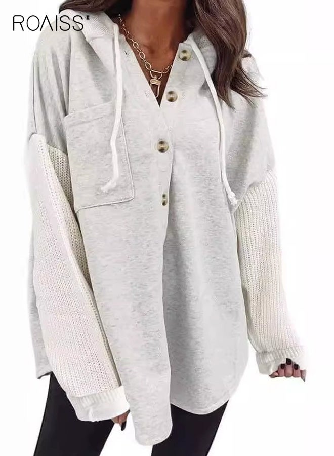 roaiss Women's Plus Size Button Front Pocket Hoodie Casual Knit Paneled Long Sleeve Hooded Sweatshirt for Women, Comfortable and Stylish Design with Functional Pocket - Image 3