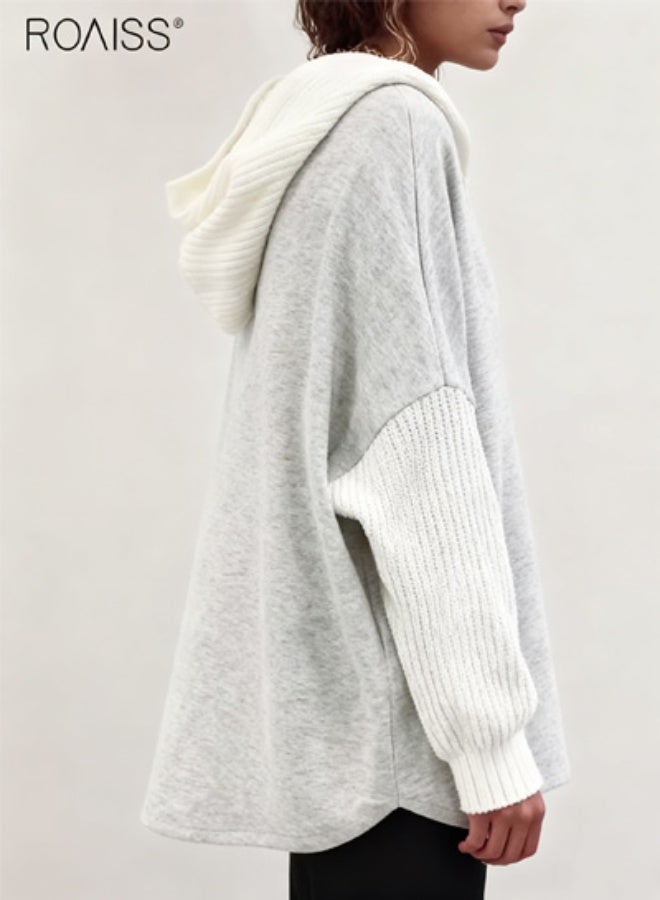 roaiss Women's Plus Size Button Front Pocket Hoodie Casual Knit Paneled Long Sleeve Hooded Sweatshirt for Women, Comfortable and Stylish Design with Functional Pocket - Image 5