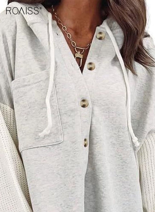 roaiss Women's Plus Size Button Front Pocket Hoodie Casual Knit Paneled Long Sleeve Hooded Sweatshirt for Women, Comfortable and Stylish Design with Functional Pocket - Image 4