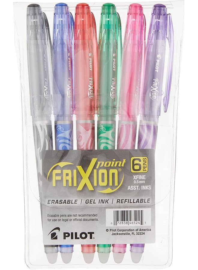 PILOT Frixion Point Erasable And Refillable Gel Ink Pens Extra Fine Point Black Blue Red Green Pink Purple Inks 6 Pack Pouch 46524  - Image 1