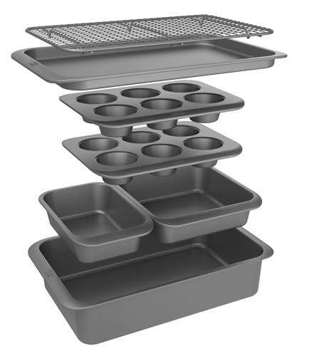 Chicago Metallic 7Piece Nesting Bakeware Set Carbon Steel Nonstick Baking Sheet Loaf Pan Muffin Pan Cake Pan Roaster and Cooling Rack SpaceSaving Kitchen Essentials - Image 1