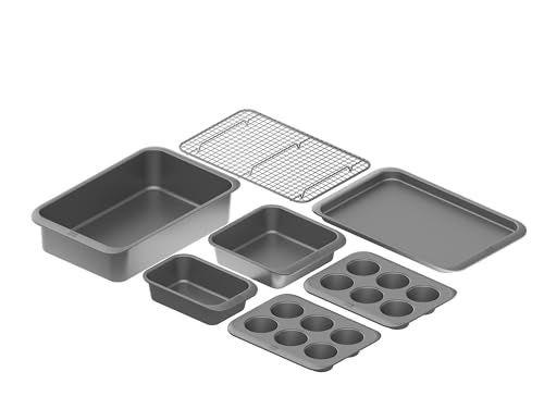 Chicago Metallic 7Piece Nesting Bakeware Set Carbon Steel Nonstick Baking Sheet Loaf Pan Muffin Pan Cake Pan Roaster and Cooling Rack SpaceSaving Kitchen Essentials - Image 3