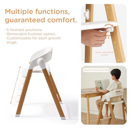 KUB High Chair for Babies and Toddlers Adjustable Foldable Convertible 5 Point Harness Easy Clean Wood-Printed Metal with Removable Tray Baby Highchair for Family (White&Natural Wood-Printed Metal) - Image 5