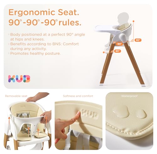 KUB High Chair for Babies and Toddlers Adjustable Foldable Convertible 5 Point Harness Easy Clean Wood-Printed Metal with Removable Tray Baby Highchair for Family (White&Natural Wood-Printed Metal) - Image 3