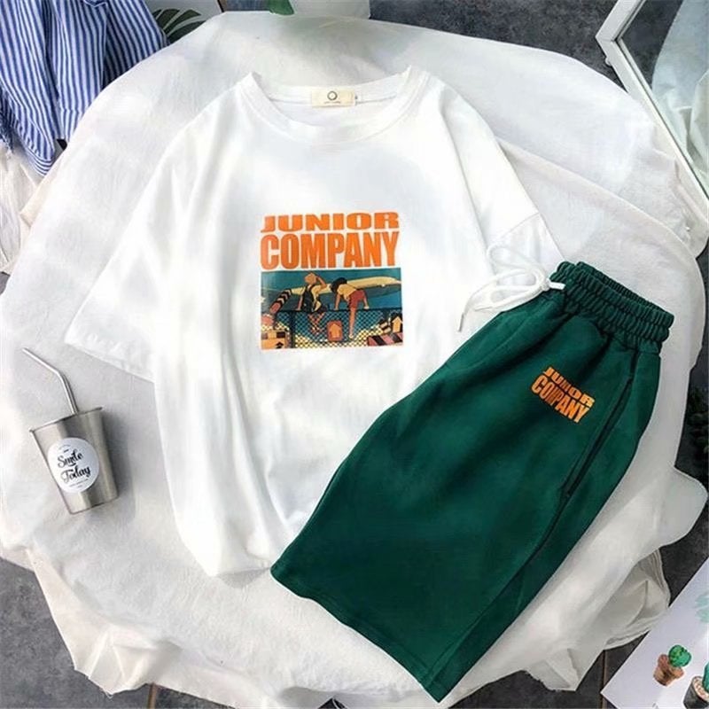 Mens Summer Casual Sportswear Cool Youth Outfit Set White + green pants 