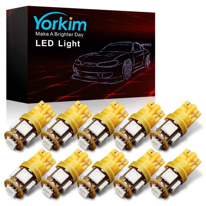 مصابيح LED يوركيم 194 أمبر فائقة السطوع الجيل الخامس T10 168 مصباح LED W5W لمصابيح داخلية للسيارة، مصابيح سقف، خريطة، باب، ضوء ترحيبي، لوحات ترخيص W5W 2825 عبوة من 10