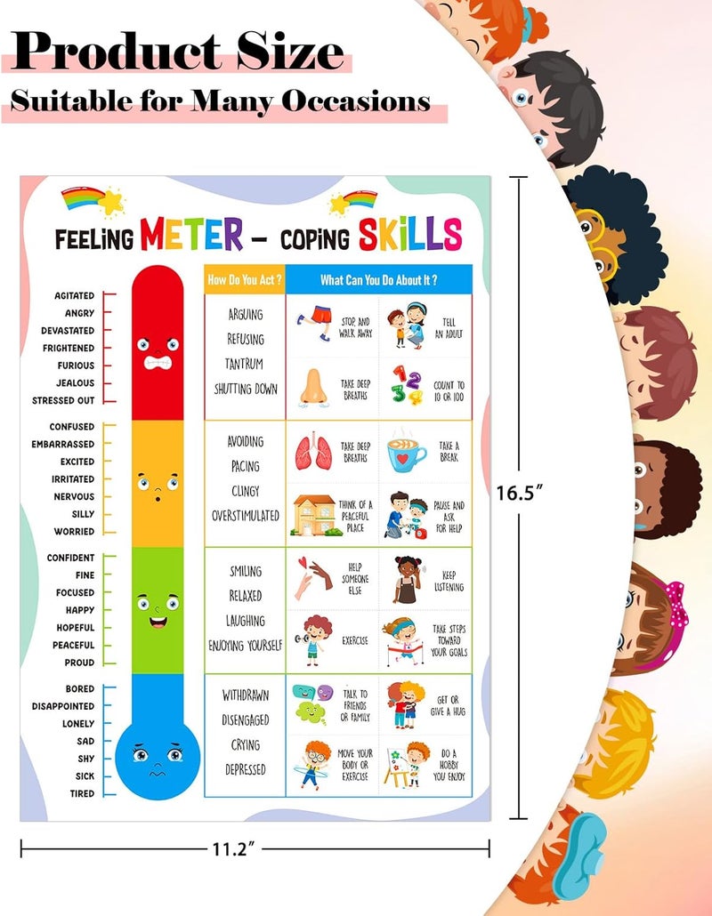 FLYAB Feelings Chart for Kids - Feeling Meter and Coping Skills Mental Health Posters Emotions Educational Poster for Toddlers 1-3 Kindergarten Preschool Classroom Calming Corner Decor - Image 3