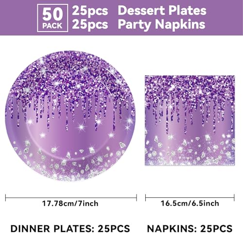 CHUNNIN 50 Pcs Purple Birthday Plates and Napkins Purple and Silver Happy Birthday Party Supplies for 25 Guests Table Decorations for Women Girl Birthday Decorations Paper Plates Napkins - Image 5
