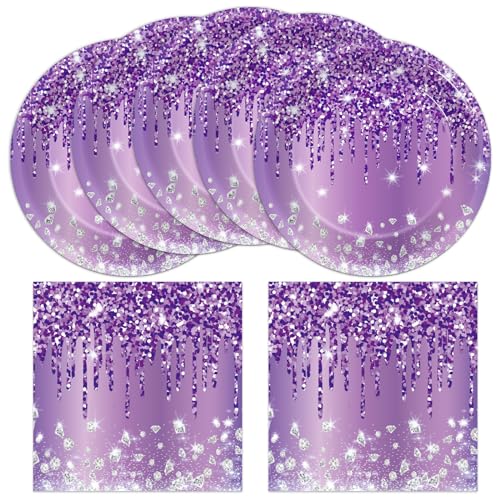 CHUNNIN 50 Pcs Purple Birthday Plates and Napkins Purple and Silver Happy Birthday Party Supplies for 25 Guests Table Decorations for Women Girl Birthday Decorations Paper Plates Napkins - Image 1