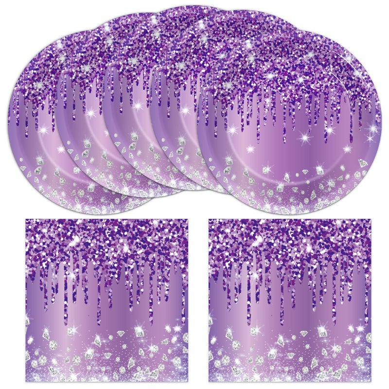 CHUNNIN 50 Pcs Purple Birthday Plates and Napkins Purple and Silver Happy Birthday Party Supplies for 25 Guests Table Decorations for Women Girl Birthday Decorations Paper Plates Napkins - Image 3