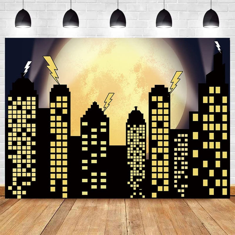 Yongqian Superhero Super City Photography Backdrops Skyline Buildings City Boom Full Moon Bat Photo Background Children Birthday Party Banner Studio Booth Cake Table Decor 7x5ft Vinyl - Image 5