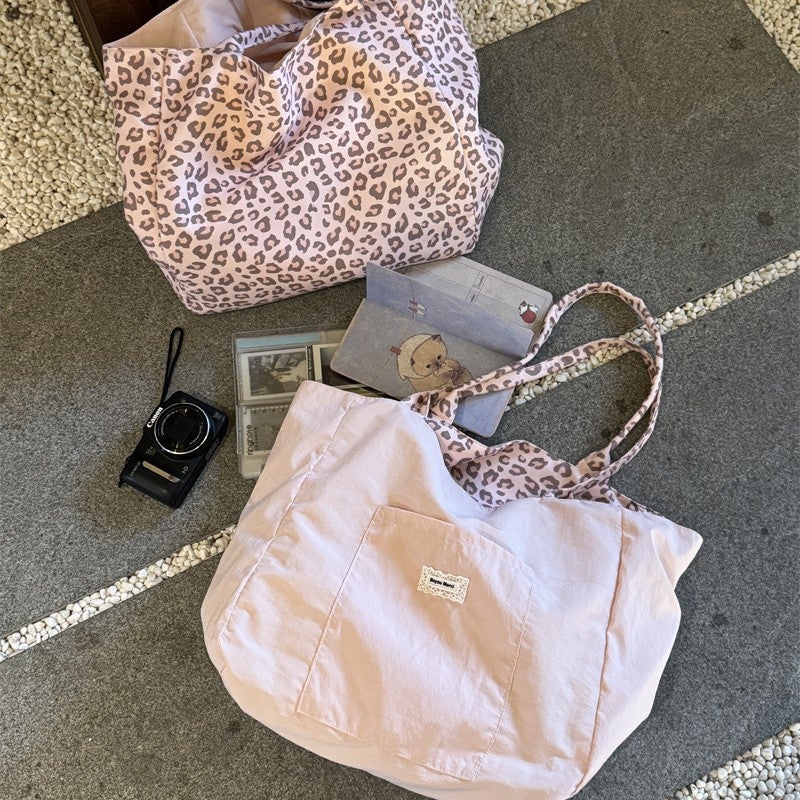 Korean Pink Leopard Print Canvas Tote Bag for Women 2026 New Trendy Large Capacity Daily Commute Shoulder Bag - Image 4