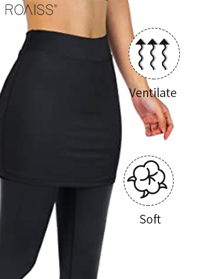 roaiss Women's Fake Two-Piece Fitness Leggings High Elastic High Waist Capris Side Pockets Without Stitching Fitness Pants  - Image 4