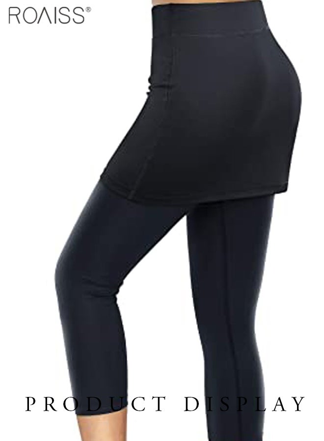 roaiss Women's Fake Two-Piece Fitness Leggings High Elastic High Waist Capris Side Pockets Without Stitching Fitness Pants  - Image 3