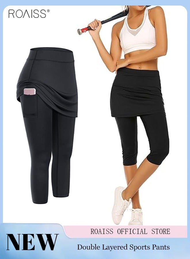 roaiss Women's Fake Two-Piece Fitness Leggings High Elastic High Waist Capris Side Pockets Without Stitching Fitness Pants  - Image 1