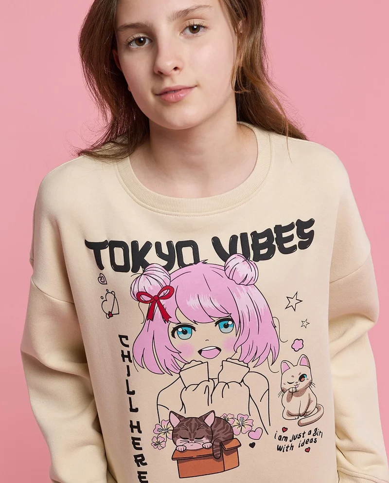 أر أند بي Printed Sweatshirt with Crew Neck and Long Sleeves