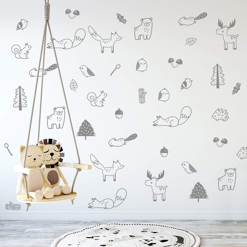 The Boho Design Forest Animal Wall Decals Peel and Stick for Kids Baby Bedroom Nursery and Living Room 36 pcs Adhesive Vinyl Wall Stickers Decor Grey