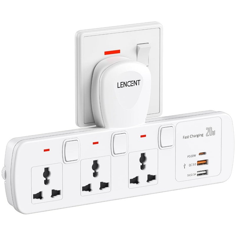 Multi Plug Extension Socket 3 Way Electrical Outlet Extender Home Office Use White ABS Plastic Compact Design with Safety Shutters - Image 1