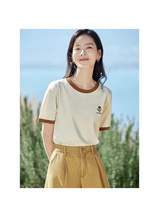Inman Cool Contrast Embroidery Women's Short Sleeve T-shirt Summer New Basic Top Blouse Pear Blossom Apricot 1 M - Image 2