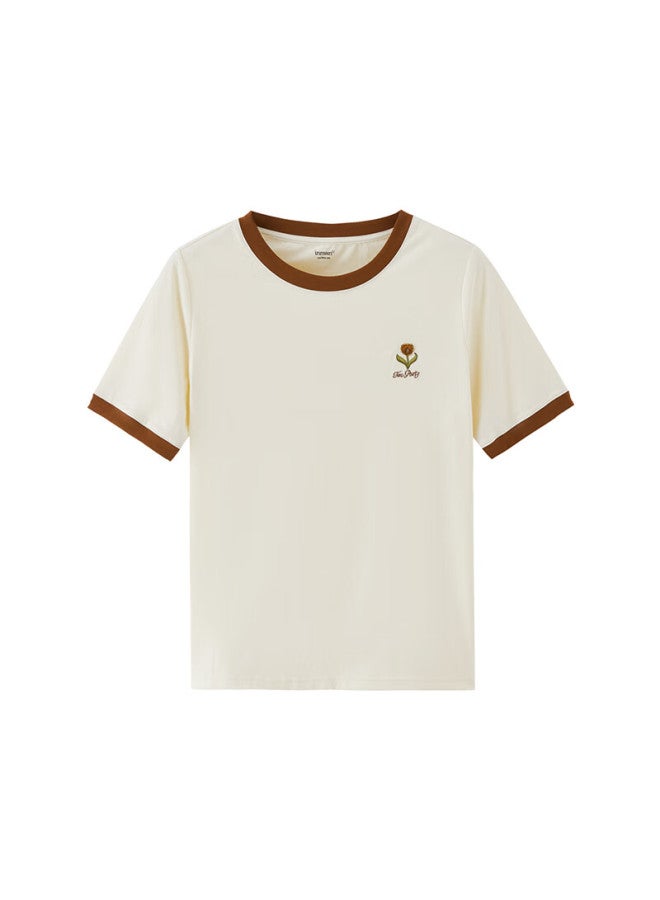Inman Cool Contrast Embroidery Women's Short Sleeve T-shirt Summer New Basic Top Blouse Pear Blossom Apricot 1 M - Image 5