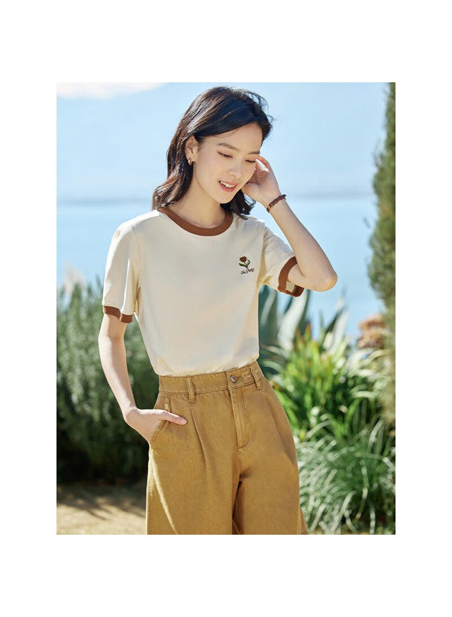 Inman Cool Contrast Embroidery Women's Short Sleeve T-shirt Summer New Basic Top Blouse Pear Blossom Apricot 1 M - Image 4
