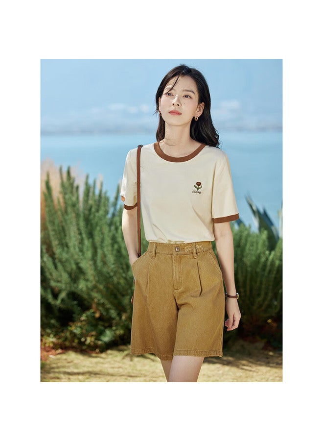 Inman Cool Contrast Embroidery Women's Short Sleeve T-shirt Summer New Basic Top Blouse Pear Blossom Apricot 1 M - Image 3
