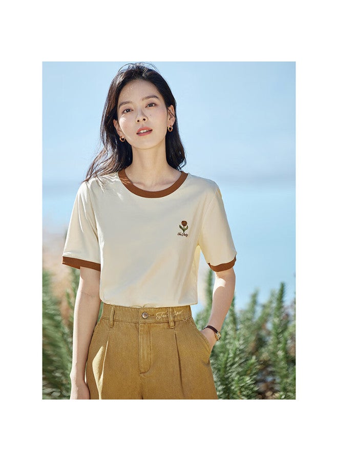 Inman Cool Contrast Embroidery Women's Short Sleeve T-shirt Summer New Basic Top Blouse Pear Blossom Apricot 1 M - Image 1
