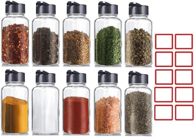 SQUARE GLASS SPICE JARS WITH BLACK PLASTIC LIDS & STICKER, 120 ML FLIP TOP SQUARE BOTTLES SEASONING CONTAINERS FOR KITCHEN STORAGE SALT AND PEPPER SHAKER DINING TABLE (24)