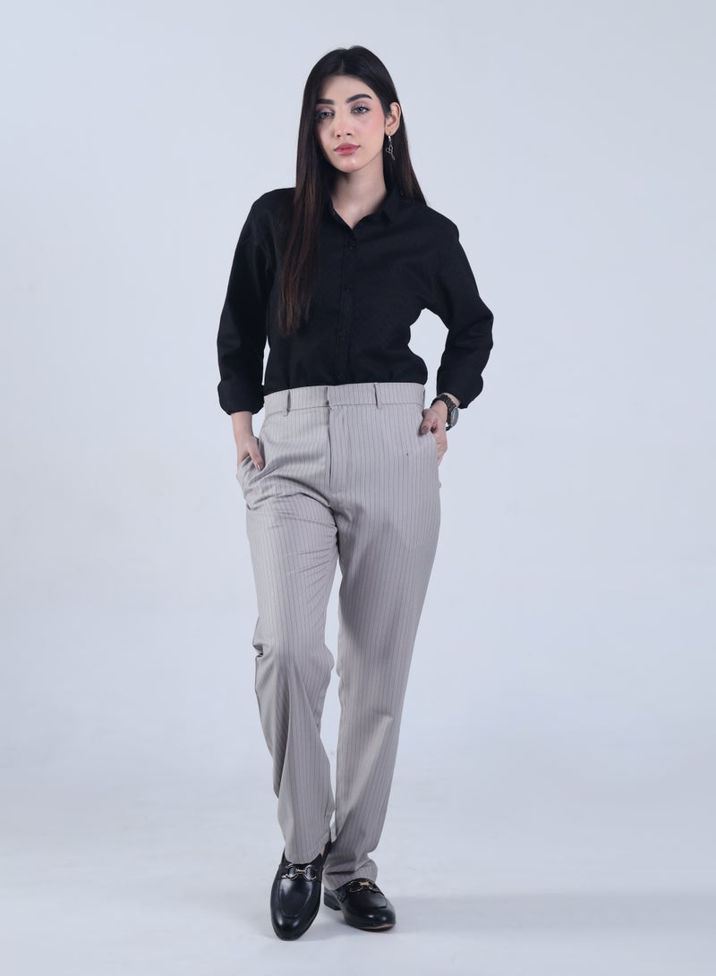 Ambittrends Light Gray Black Striped Formal Pants - Image 1
