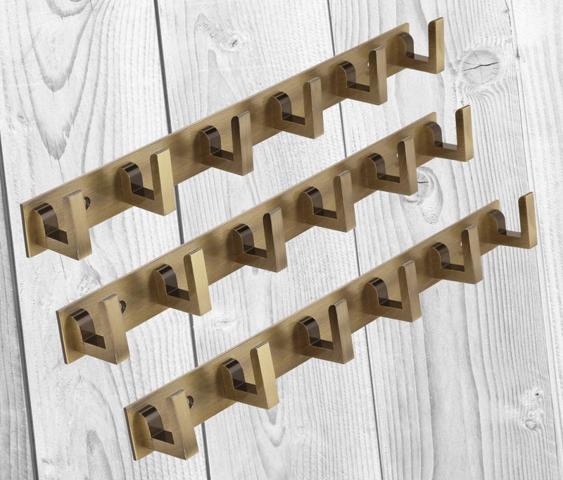 DOCOSS Antique Brass Extra Long 40 cm 6 Pin Bathroom Cloth Wall Hooks Hanger for Hanging Keys, Clothes, Towel - Set of 3 - Image 1