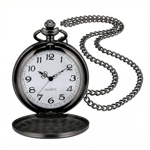 I-MART Smooth Vintage Pocket Watch with Chain for Men and Women, Classic 1920s Style Quartz Mens Pocket Watch with Easy Open and Adjustable Time, Ideal Gift for Weddings, Collectors, Cosplay, Black - Image 1