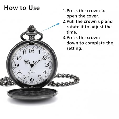 I-MART Smooth Vintage Pocket Watch with Chain for Men and Women, Classic 1920s Style Quartz Mens Pocket Watch with Easy Open and Adjustable Time, Ideal Gift for Weddings, Collectors, Cosplay, Black - Image 3