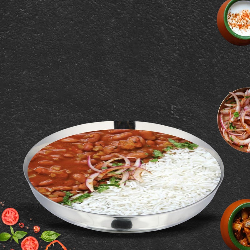 JAGGERY Stainless Steel Rice Platter to Serve Rajma Chawal, Chhole Chawal Or Curry Rice Bowl, Diameter - 18cm (7.09 Inch) Pack of 2 Pcs Thali/Plate - Image 2