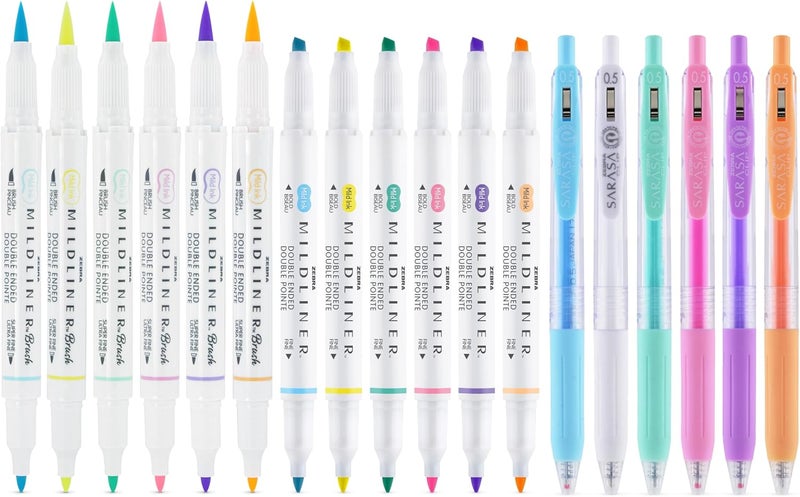 Zebra Pen Journaling and Lettering Set, Includes 6 Highlighters, 6 Brush Pens, and 6 Sarasa Clip Retractable Gel Pens, Pastel Ink Colors, 18-Pack, Multicolor (76018) - Image 2