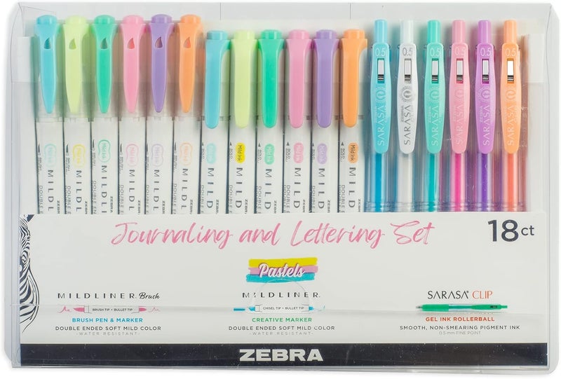 Zebra Pen Journaling and Lettering Set, Includes 6 Highlighters, 6 Brush Pens, and 6 Sarasa Clip Retractable Gel Pens, Pastel Ink Colors, 18-Pack, Multicolor (76018) - Image 1