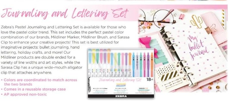 Zebra Pen Journaling and Lettering Set, Includes 6 Highlighters, 6 Brush Pens, and 6 Sarasa Clip Retractable Gel Pens, Pastel Ink Colors, 18-Pack, Multicolor (76018) - Image 3