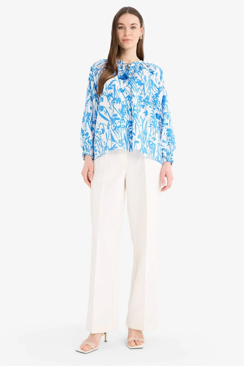 ديفاكتو Relax Fit Laced Collar Patterned Long Sleeve Shirt Tunic