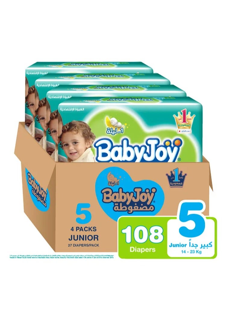 BabyJoy Compressed Diamond Pad Tape Style Diapers, 108 Pieces Total, Size 5 Junior Pack of 4, 14-23kg - 12Hrs Leakage Protection, Cottony Soft, Waist Stretch, Breathable