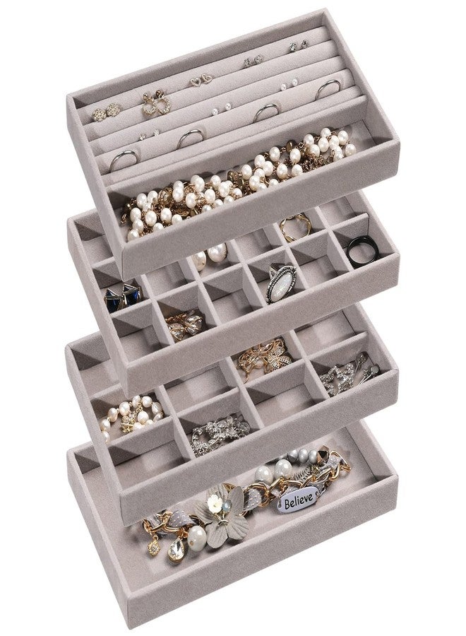 DGOOLS Jewelry Organizer Tray,Stackable Velvet Jewelry Trays,Drawer Inserts Earring Organizer For Women Girls Jewelry Storage Display Case for Rings Stud Necklaces,Set of 4(Grey) - Image 1