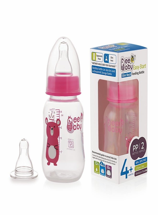 BeeBaby Easy Start Slim Neck Baby Feeding Bottle with 2 Anti-Colic Gentle Touch Silicone Nipples for New Born, Infant, Toddler, Babies, 100% BPA Free, 4 Months + (125 ML, Pink, Pack of 1) - Image 1