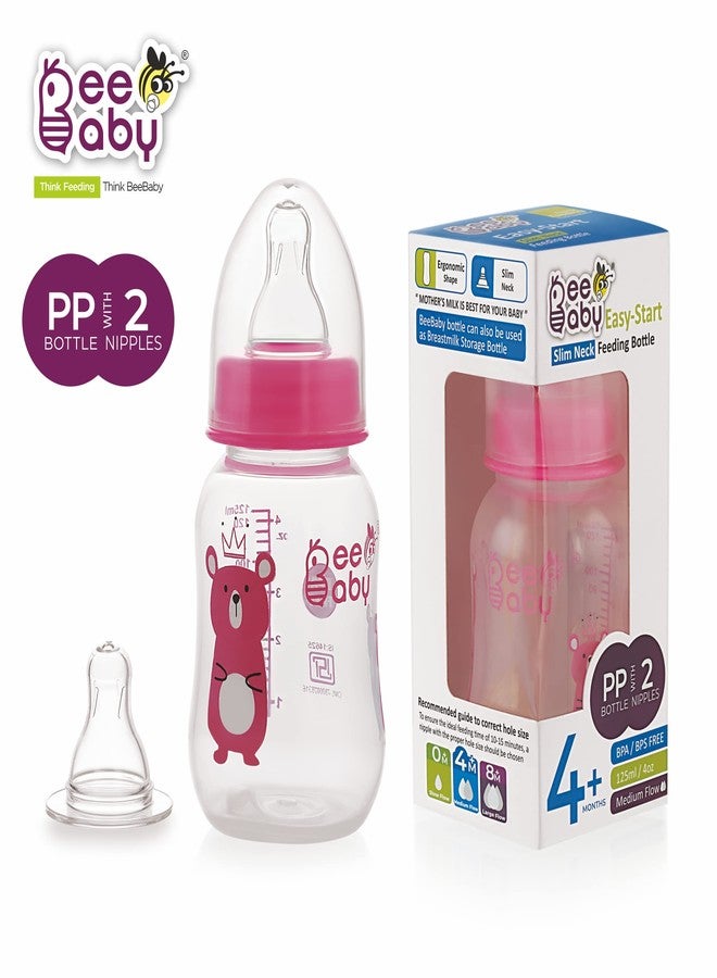 BeeBaby Easy Start Slim Neck Baby Feeding Bottle with 2 Anti-Colic Gentle Touch Silicone Nipples for New Born, Infant, Toddler, Babies, 100% BPA Free, 4 Months + (125 ML, Pink, Pack of 1) - Image 2